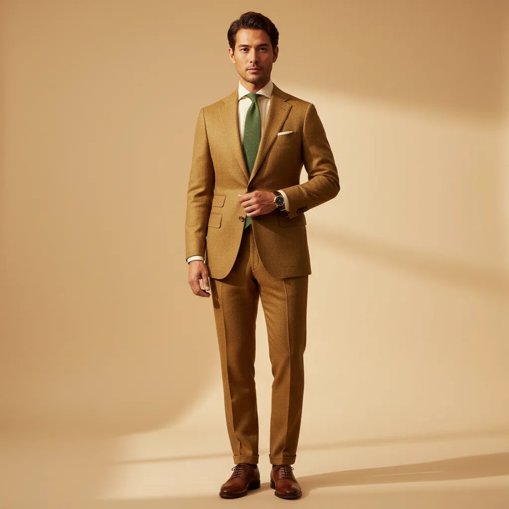 Men's outfit: golden-brown tailored suit, cream dress shirt, and moss green tie