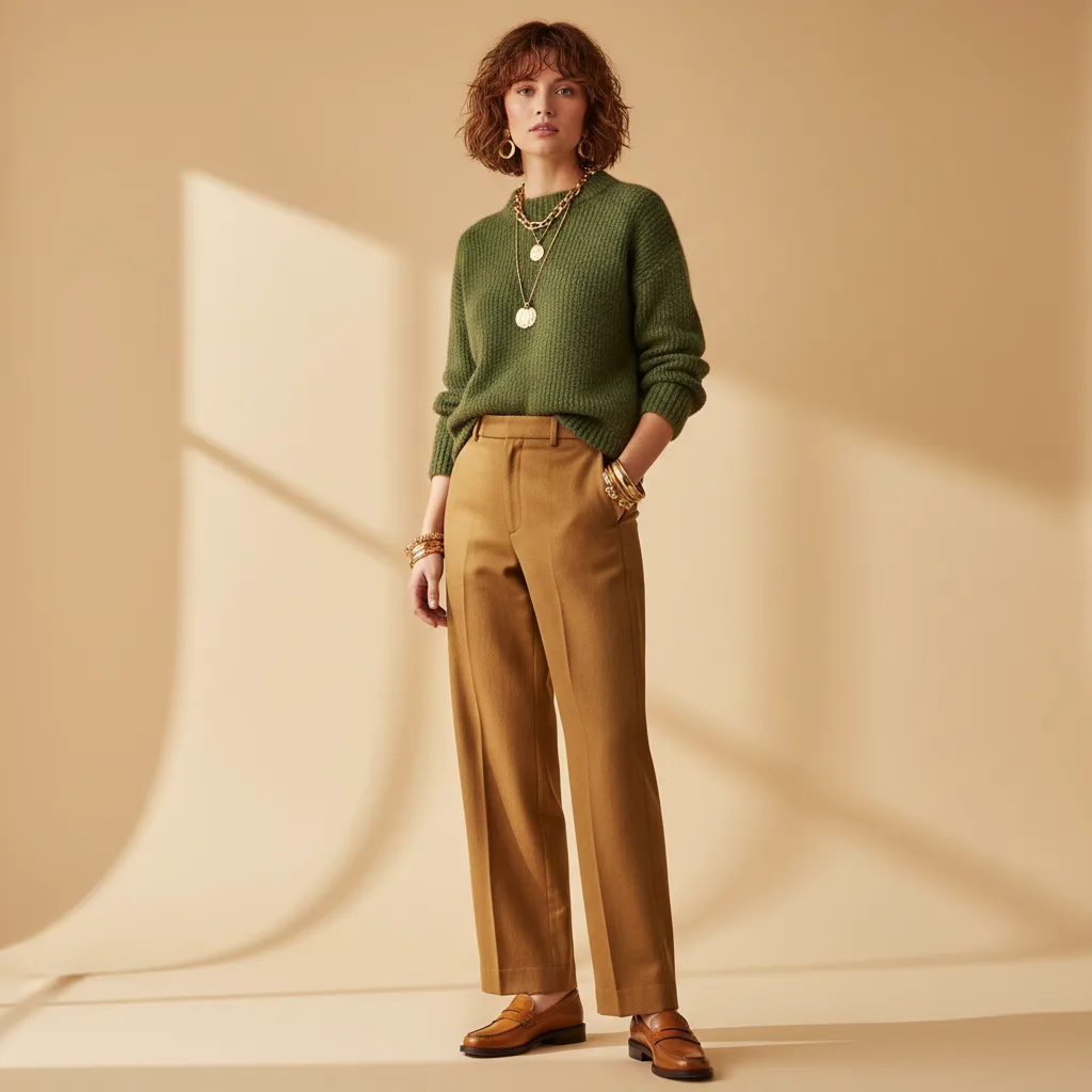 Full outfit: moss green knit sweater, golden-brown trousers, and cognac loafers