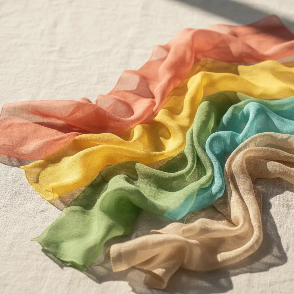 Warm and clear fabric swatches: coral, warm yellow, fresh green, and golden beige