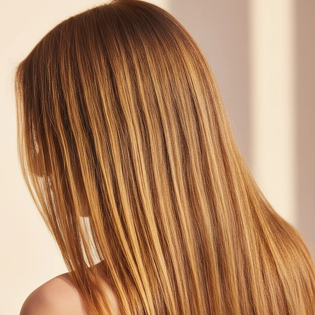 Golden brown hair with honey balayage highlights