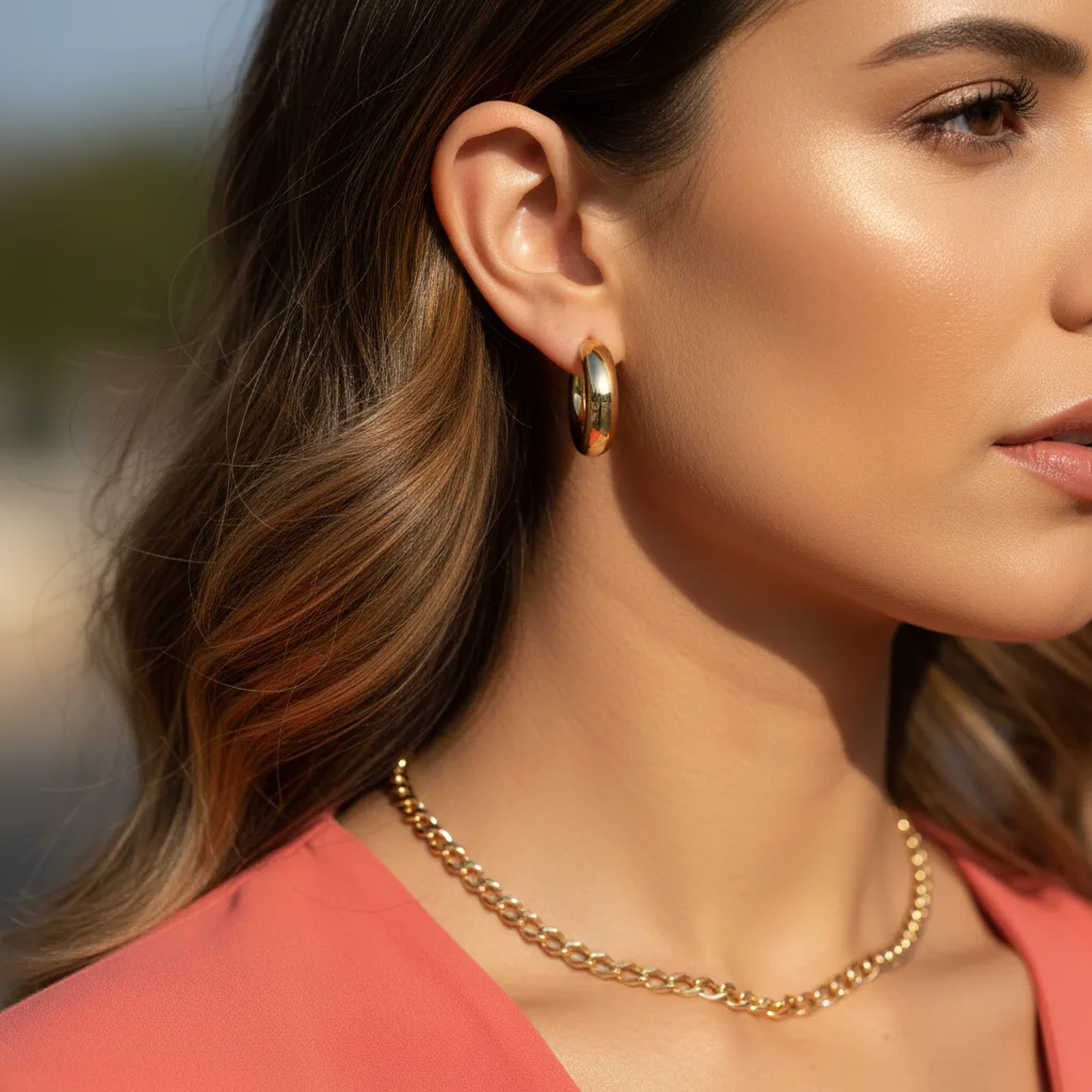 Polished yellow gold jewelry worn against warm golden skin
