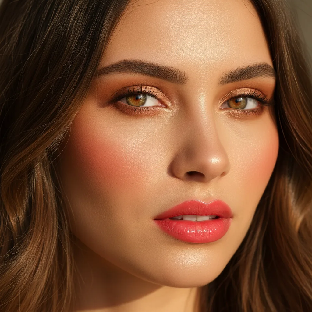 True Spring makeup palette with coral lip, golden eye shadow, and peach blush