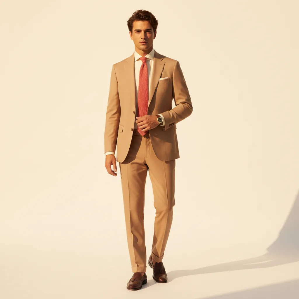 Men's True Spring look featuring a sand suit, cream shirt, and coral silk tie