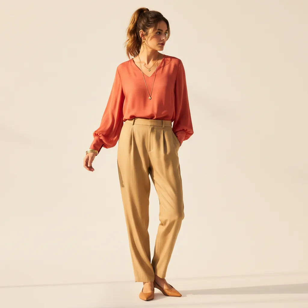 True Spring outfit featuring a coral silk blouse, golden beige trousers, and nude flats