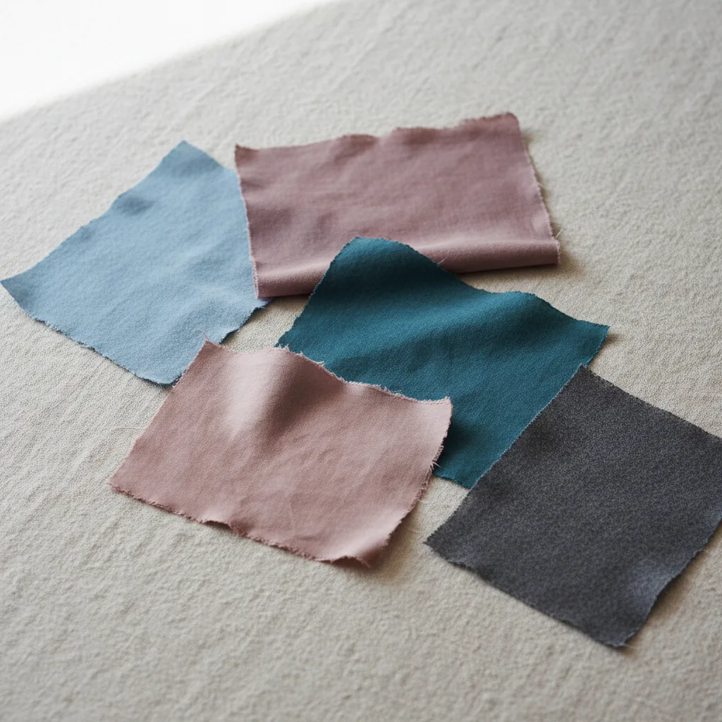 Cool muted fabric swatches: powder blue, lilac, dusty turquoise, dusty rose