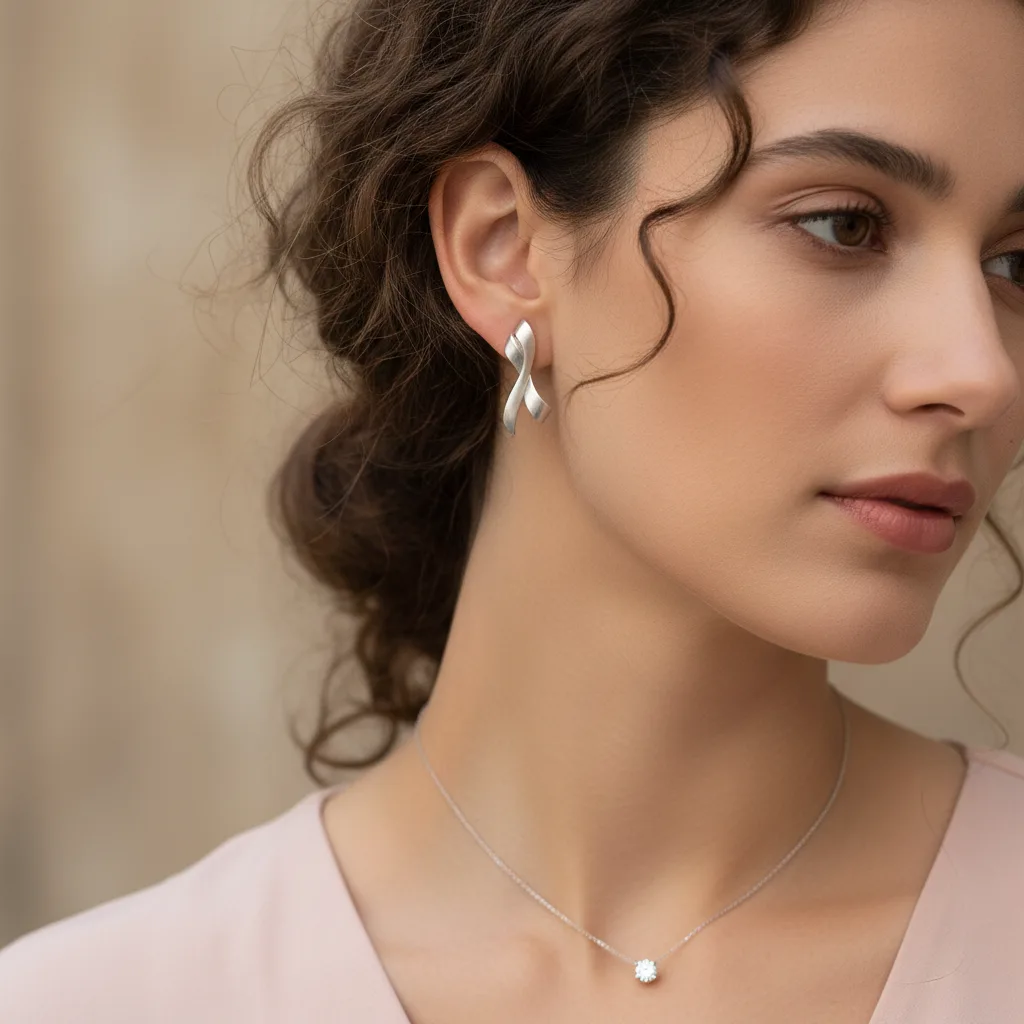 Silver and white gold jewelry worn on a cool-toned model