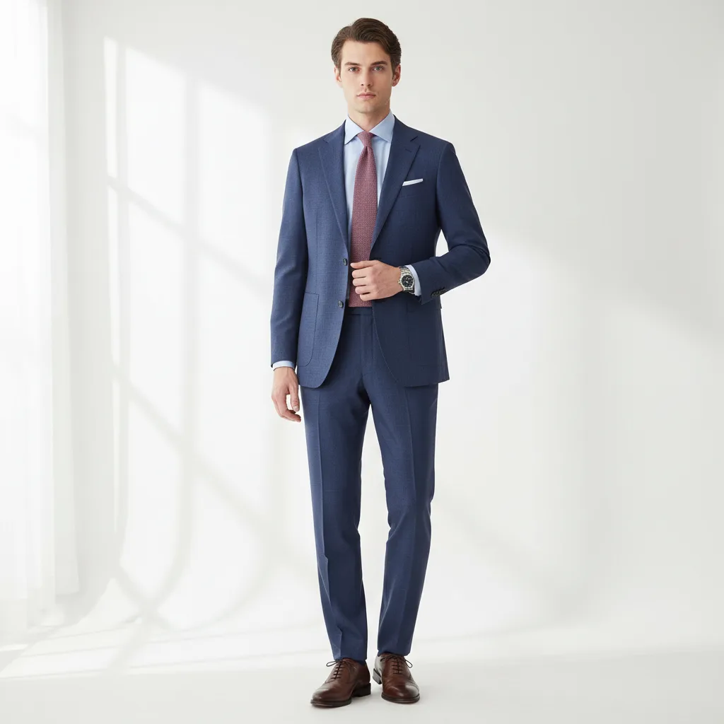 Men's styling: navy suit, light blue shirt, muted plum tie