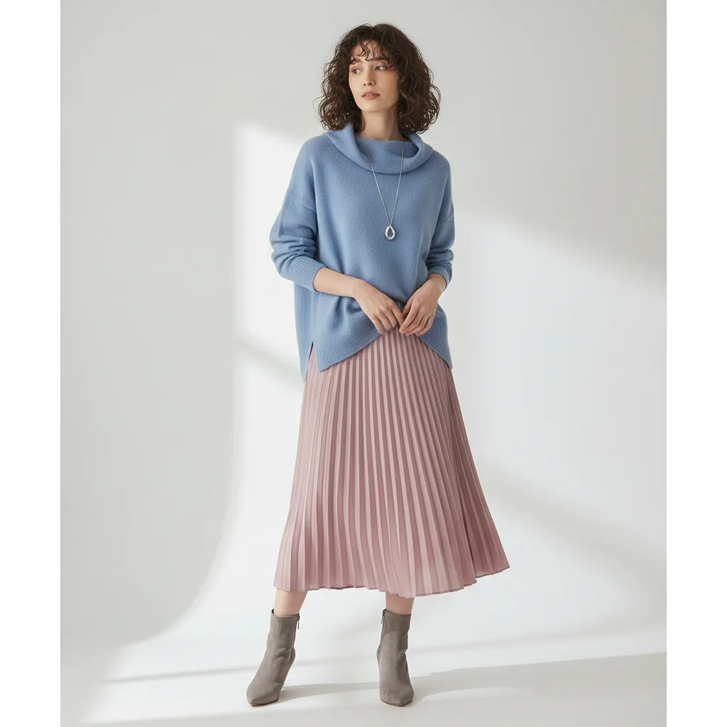 Full outfit: slate blue sweater, dusty rose skirt, cool gray boots