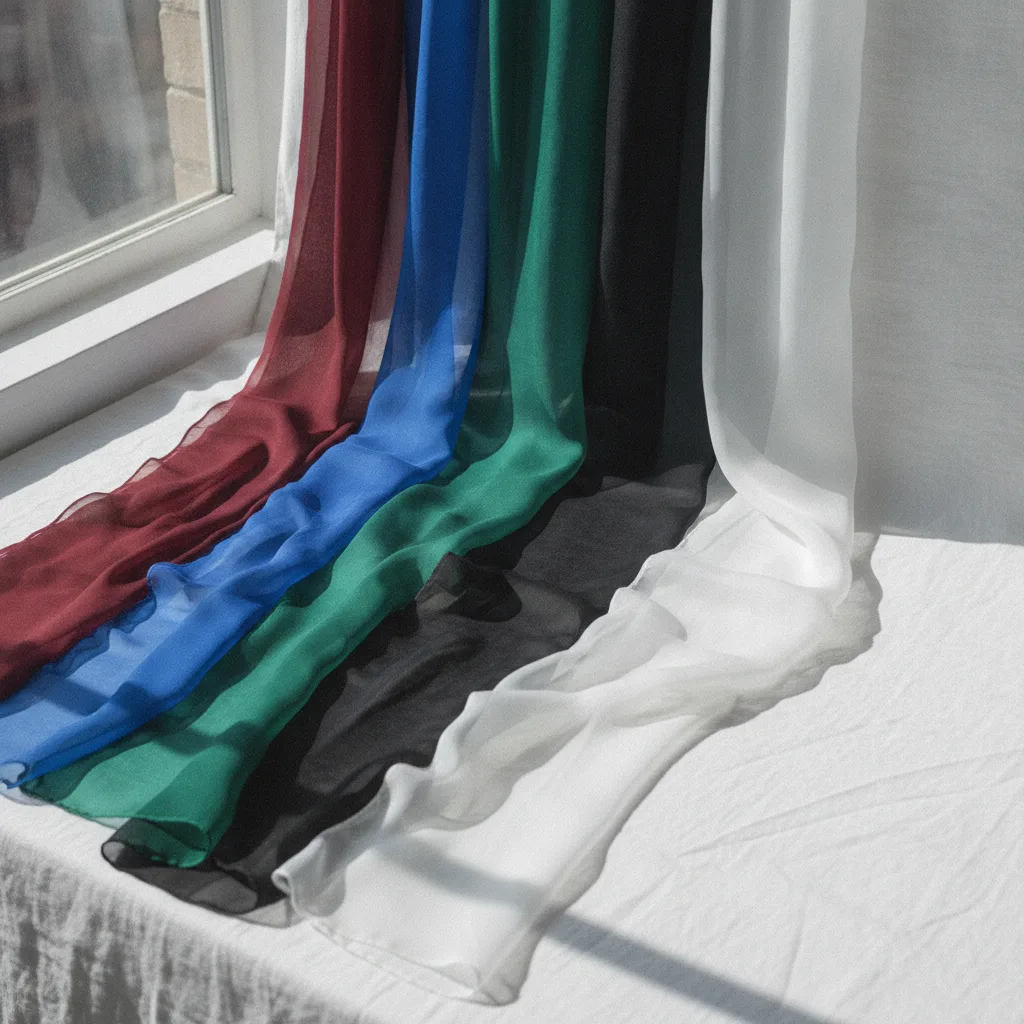 Cool clear fabric swatches: pure red, royal blue, emerald, black, and white