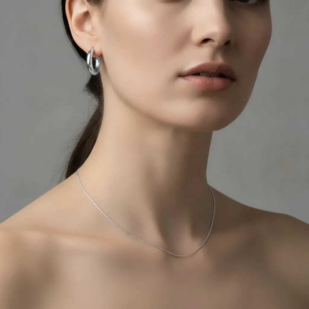Silver and platinum jewelry worn by a model with cool skin undertones
