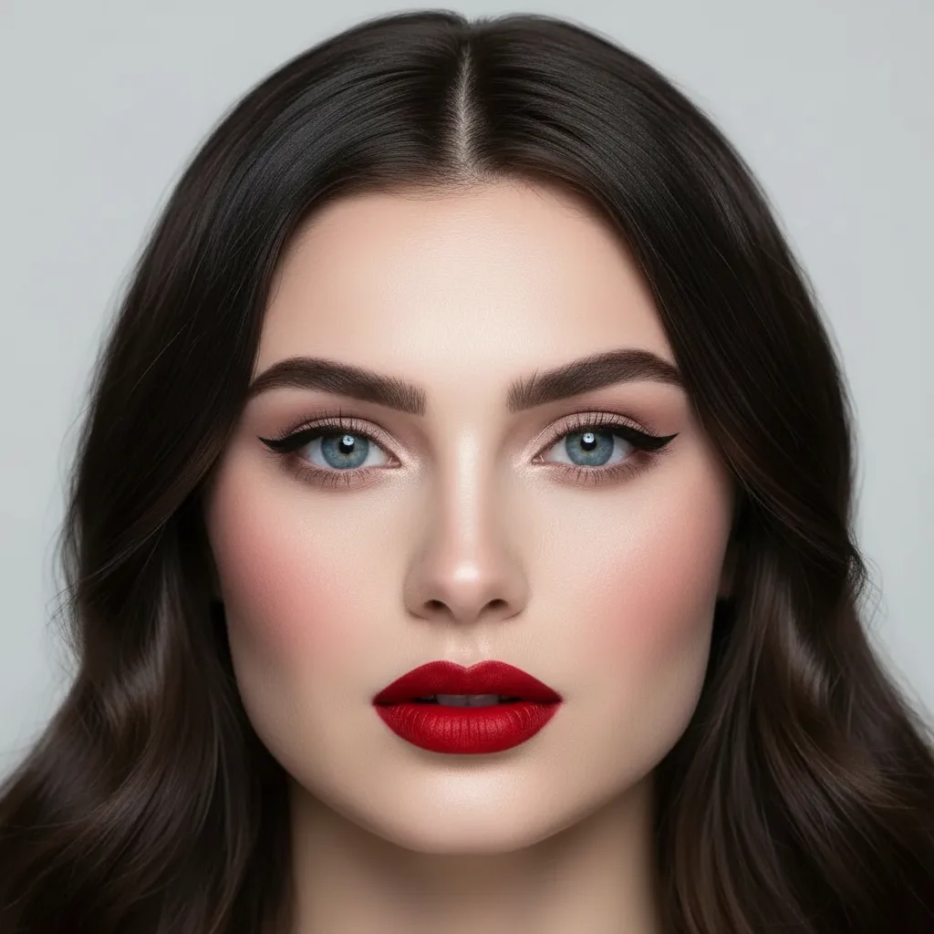 True Winter makeup: pure red lipstick, crisp black eyeliner, cool-toned blush