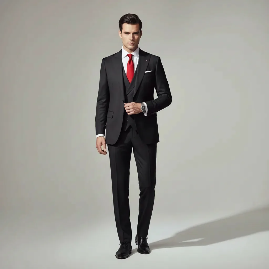 Men's outfit: dark suit, crisp white shirt, classic red tie