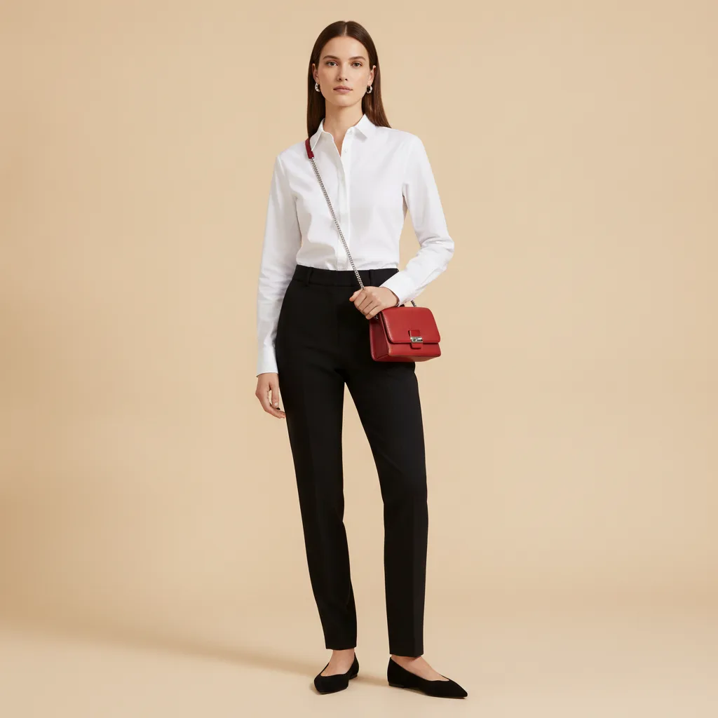 Complete outfit: crisp white shirt, tailored black trousers, bold red accent