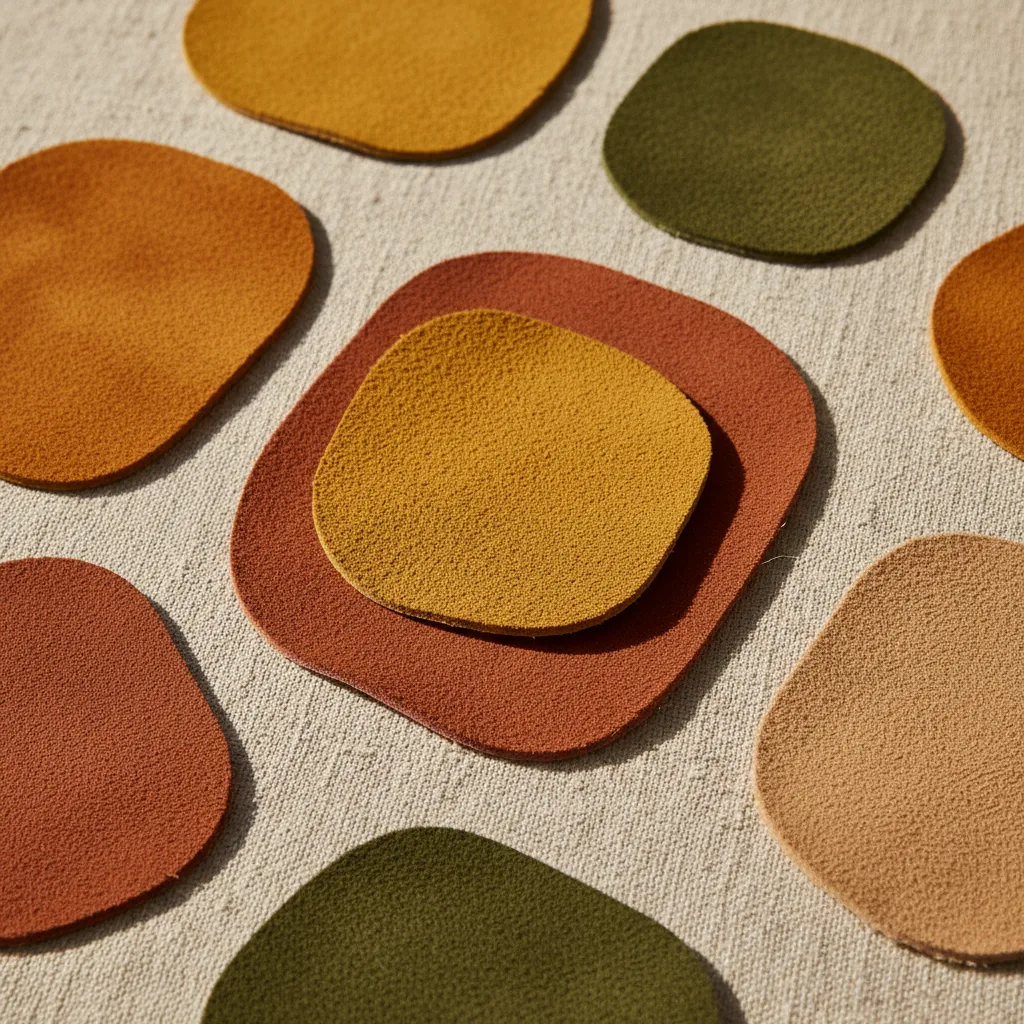Warm earthy fabric swatches: rust, mustard, olive, terracotta, camel