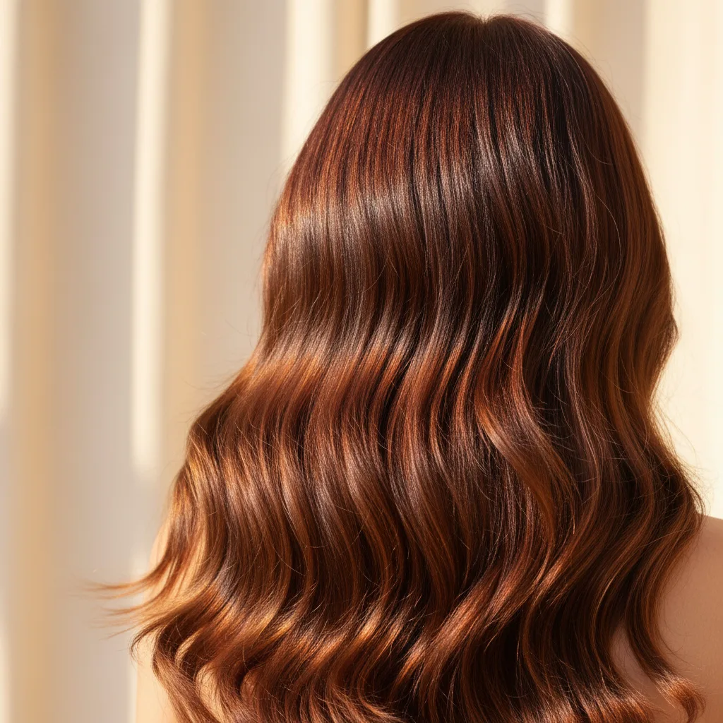 Warm chestnut hair with copper and caramel highlights