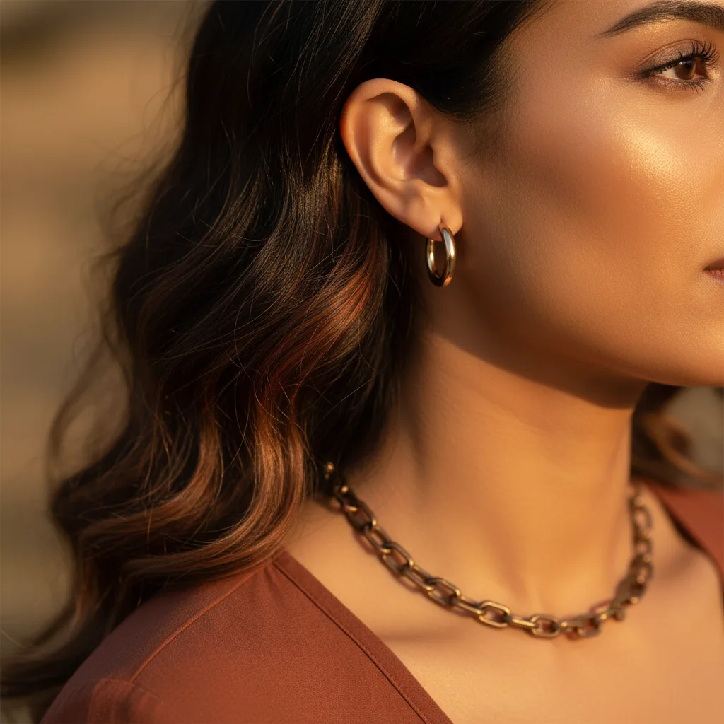 Gold and bronze jewelry worn against warm golden skin