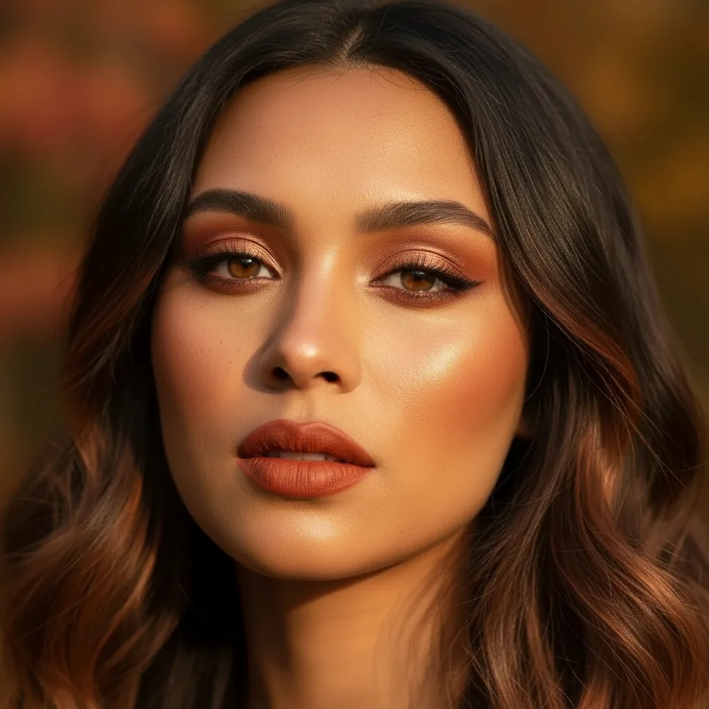Warm Autumn makeup: brick red lips, copper eyeshadow, terracotta blush