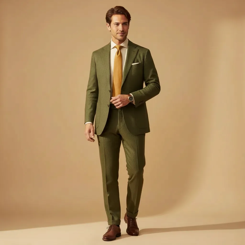 Men's styling: olive suit, cream dress shirt, and a rust-colored tie