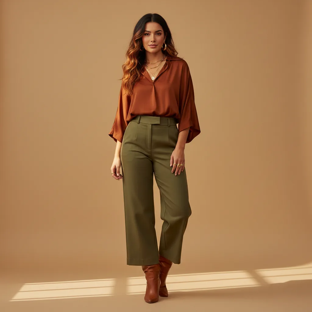 Full outfit: rust blouse, olive trousers, and cognac leather boots